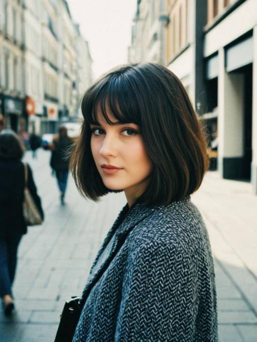 Woman with Long Bob Hairstyle on City Street