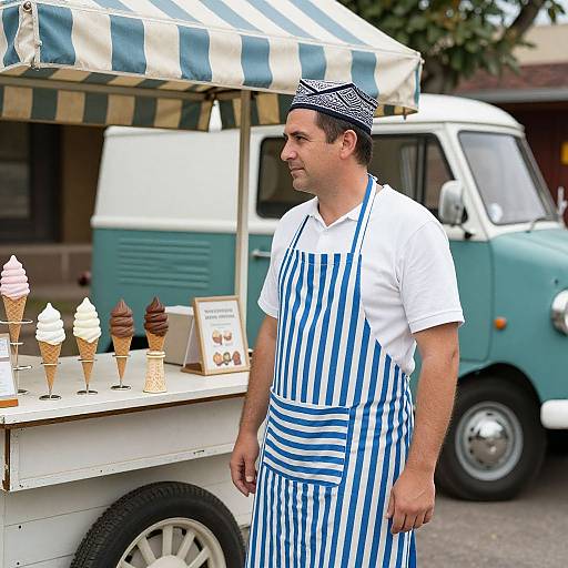 Photograph of a male ice cream vendor in a blue-striped apron and headscarf, standing beside a vintage ice cream truck.