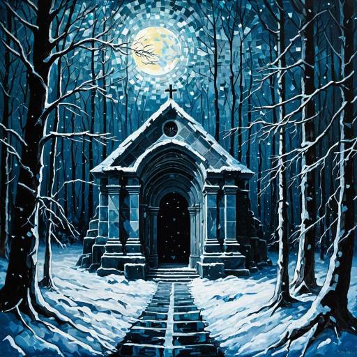 Winter Mystical Crypt in Moonlit Forest