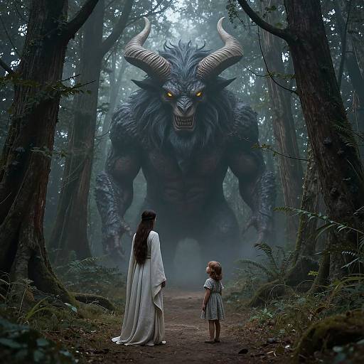 Digital art: A towering, horned, demonic creature with glowing eyes looms in a dark, misty forest, facing two figures: a clo