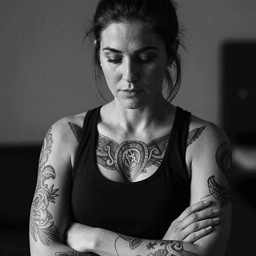 Black-and-white photograph of a tattooed woman with dark hair in a bun, wearing a black tank top, arms crossed, looking down, with intricate