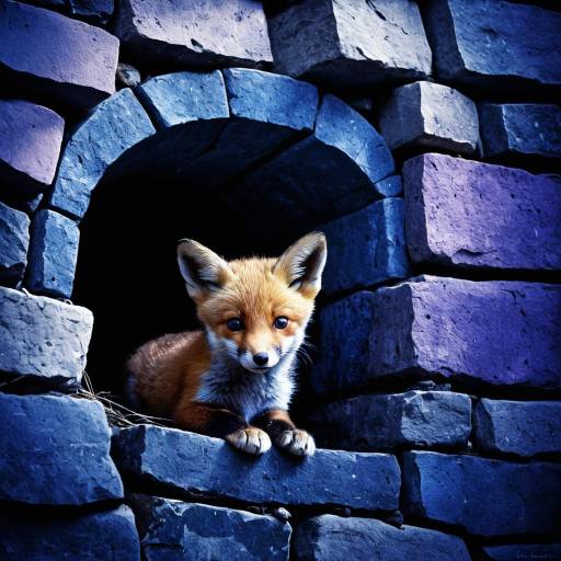 Fox Cub in Stone Wall Nook