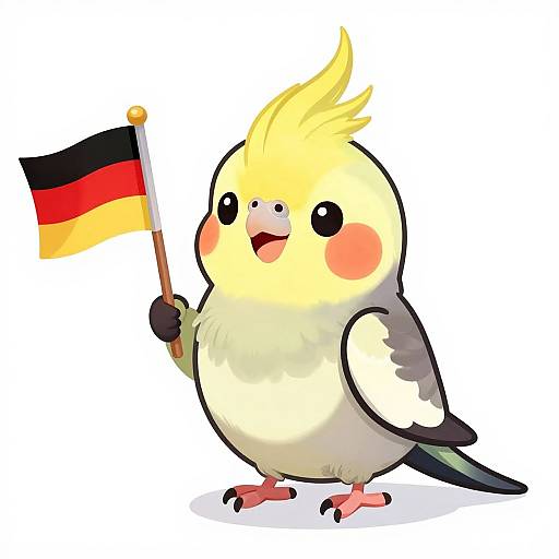 Cute, cartoon-style cockatiel with yellow crest, holding German flag, white and grey feathers, pink cheeks, black eyes, standing on white