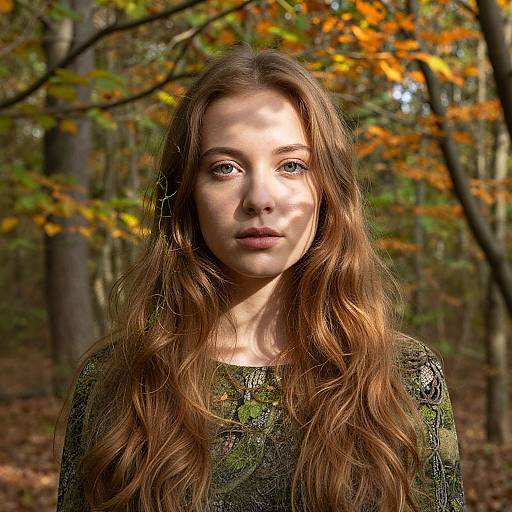 Photograph of a young woman with long, wavy brown hair, wearing a green, lace-patterned top, standing in a sunlit autumn forest