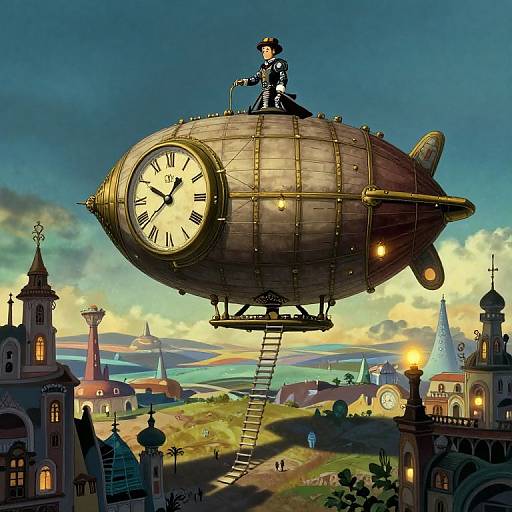 Steampunk-style digital artwork: a clock-faced airship with a ladder, a top-hatted boy standing on top, over a colorful, sunset