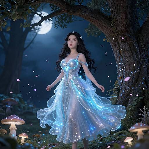 Fairy-like woman in glowing, ethereal blue dress stands under moonlit tree, surrounded by bioluminescent mushrooms and floating petals in enchanted forest
