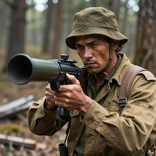 Cinematic Close-up: Fighter with Rocket Launcher