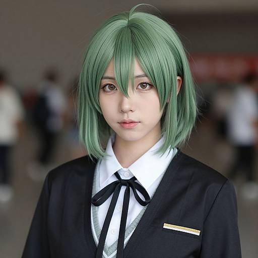 Photorealistic digital portrait of an East Asian woman with green hair, wearing a black blazer, white shirt, and black ribbon, standing in a
