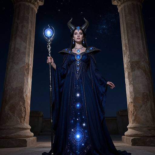Photograph of a dark-haired woman in a black, star-embellished robe with horned headpiece, holding a glowing staff, standing between