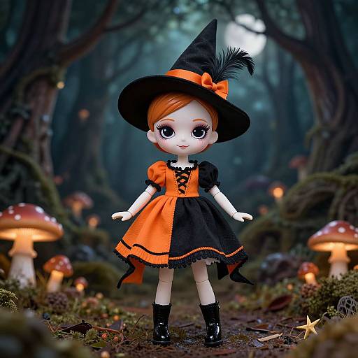 Photorealistic CGI doll in witch costume with orange dress, black hat, and feather, standing in enchanted forest with glowing mushrooms.
