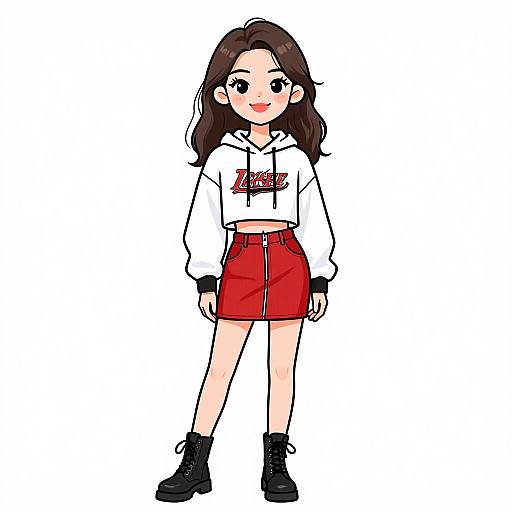 Digital drawing of a young woman with long dark hair, wearing a white hoodie, red skirt, black boots, and black gloves, standing against a white