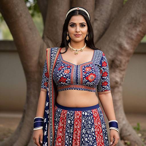 Photograph of an Indian woman with medium brown skin, wearing a colorful traditional patterned crop top and skirt, gold jewelry, and a headband,