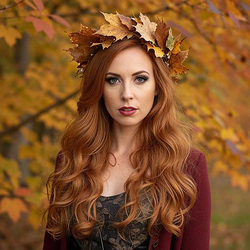 Photograph of a fair-skinned, red-haired woman with wavy locks, wearing a maple leaf crown, dark lace top, and maroon jacket
