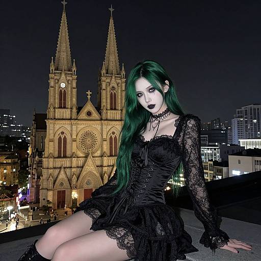 Gothic Woman on Rooftop at Night