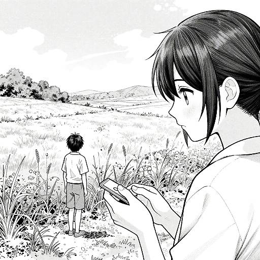 Black-and-white manga drawing of two people in a grassy field; close-up of a girl with short hair in profile, another person facing away in