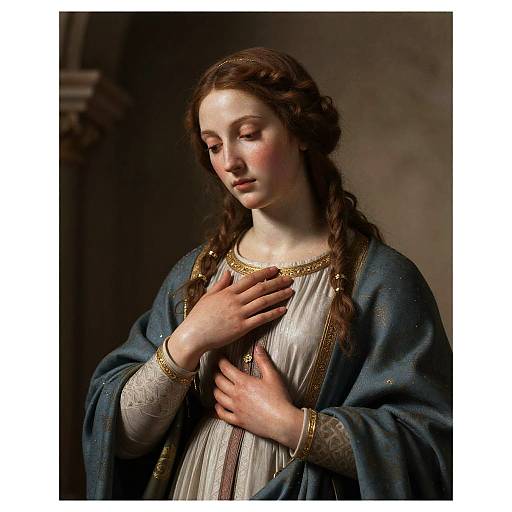 Photograph-style painting of a pensive Mary with wavy brown hair, wearing a blue robe and gold-trimmed white dress, hands gently touching