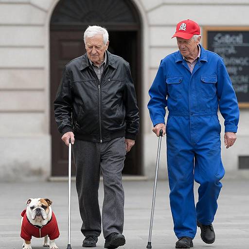 Elderly Friends Walking a Bulldog