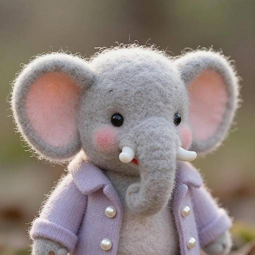 Photograph of a soft, grey, plush elephant toy with pink inner ears, small white tusks, and blush, wearing a lavender buttoned jacket