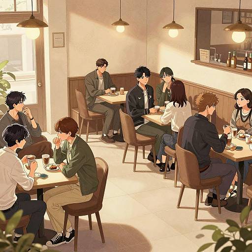 Anime-style digital drawing of a cozy cafe with seven young people, both male and female, seated at wooden tables, enjoying coffee and conversation in warm,