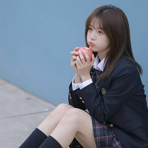 Asian Schoolgirl Holding Red Apple