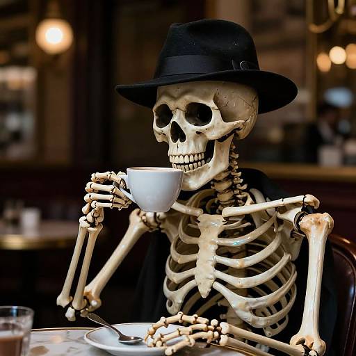 Photograph of a skeletal figure wearing a black bowler hat, holding a white teacup and saucer, seated in a dimly lit café
