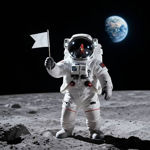 Photograph-style CGI of an astronaut in a white spacesuit with a flag, standing on a moon's surface, Earth in the dark background.