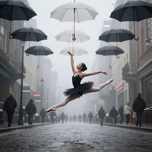 Photograph of a ballet dancer in black tutu, pointe shoes, mid-leap, suspended by umbrellas above a foggy, rainy city