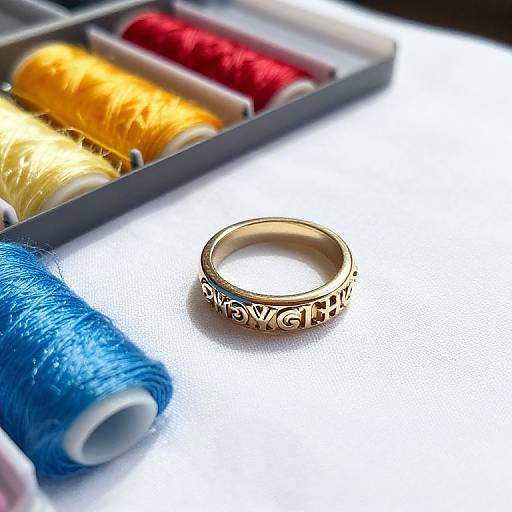 Photograph of a gold ring with intricate engravings, surrounded by colorful spools of thread (yellow, red, blue) in a plastic tray