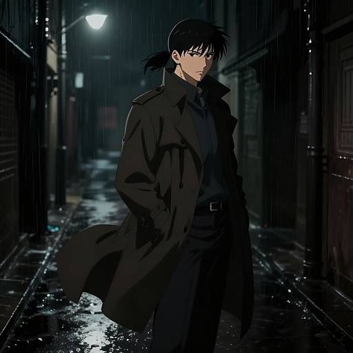 Digital anime-style drawing of a serious young man with black hair in a ponytail, wearing a long black coat, standing in a rainy, dimly