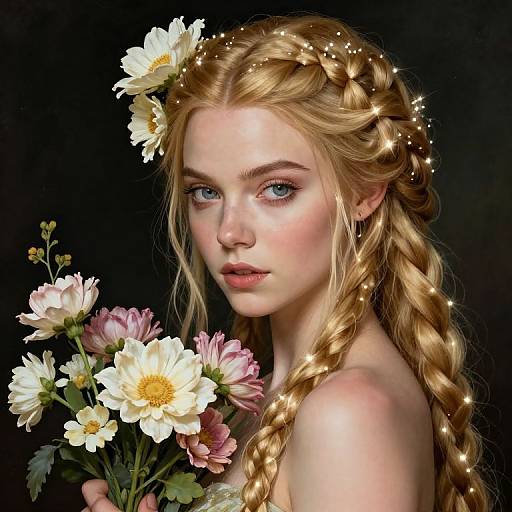Digital portrait of a fair-skinned, blonde-haired woman with braided hair, blue eyes, and a flower crown, holding daisies against a