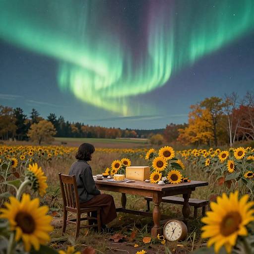 Photograph of a person with curly hair, sitting at a wooden table in a sunflower field, under vibrant green northern lights.