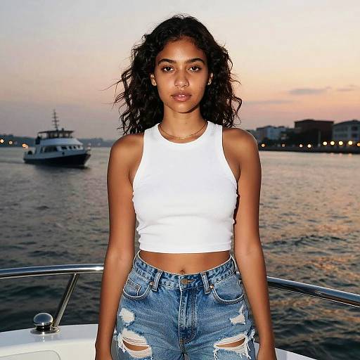 Photograph of a young woman with curly black hair, medium brown skin, wearing a white sleeveless crop top and ripped blue jeans, standing on a