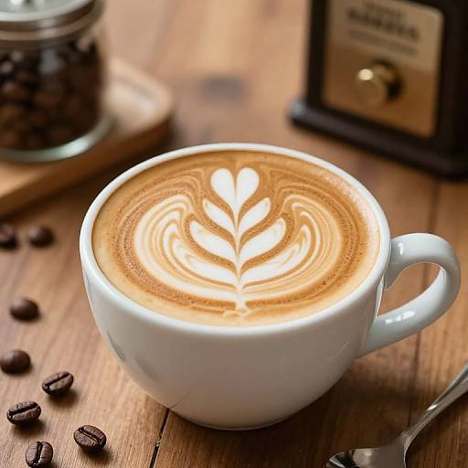 Intricate Latte Art on Wooden Table