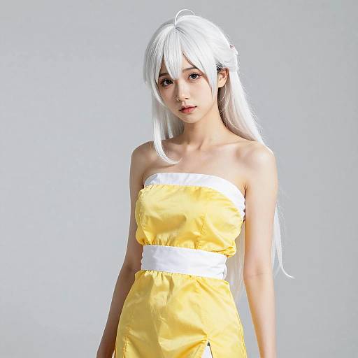 Digital anime-style image of a slender woman with long white hair, wearing a yellow strapless dress with a white waistband, standing against a plain gray