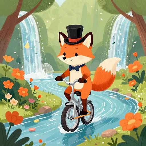 Cartoon fox in a black top hat and blue bowtie rides a bicycle through a vibrant forest with cascading waterfalls and colorful flowers. Digital illustration