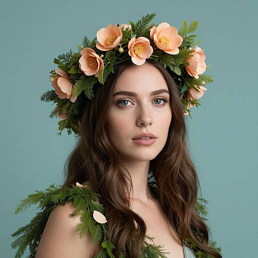 Photograph of a fair-skinned woman with long, wavy brown hair wearing a peach rose and greenery crown against a teal background.