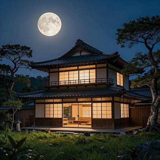 Photograph of a traditional Japanese house with illuminated windows, moonlit night sky, and full moon, surrounded by trees and grass.