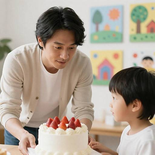 Father Presenting Strawberry Cake to Son