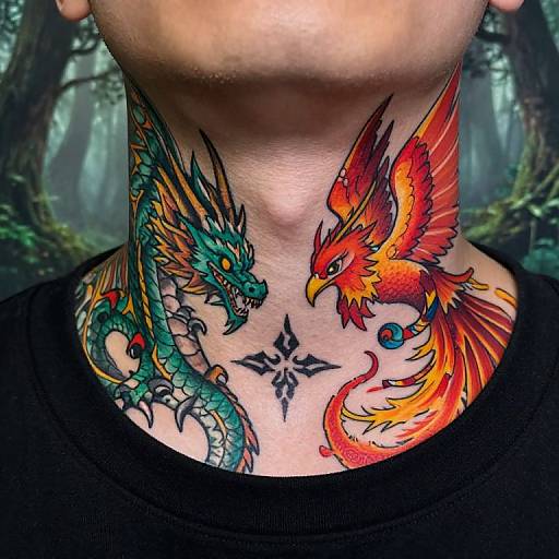 Colorful dragon and phoenix tattoo on human neck, featuring a black star-shaped design in between, with a forest background. Photographic image.