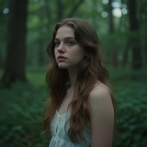 Photograph of a young woman with long, wavy brown hair, wearing a white sleeveless top, standing in a dimly lit, dense forest