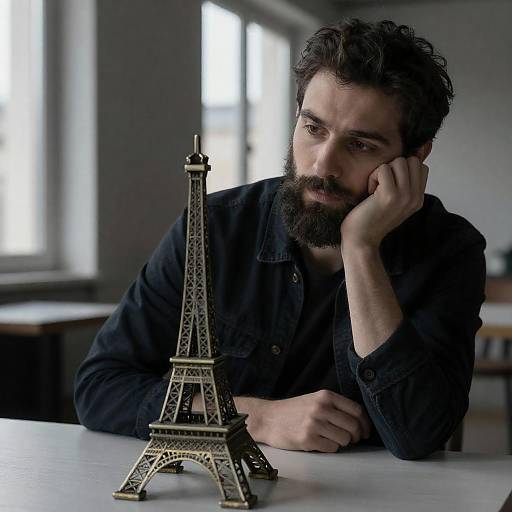 Contemplative Man with Eiffel Tower Model