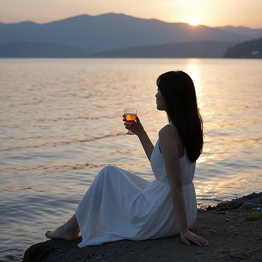 Silhouetted woman in white dress sips orange drink by serene lake at sunset, mountains in background, holding glass in right hand.