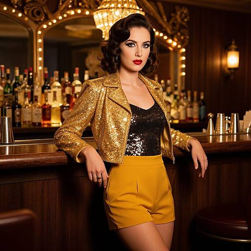 Photograph of a curvy woman with fair skin, black wavy hair, red lipstick, wearing a gold sequin jacket, black sequin top