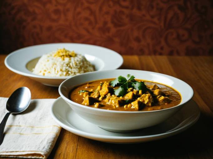 Bowl of Curry with Rice on Wooden Table