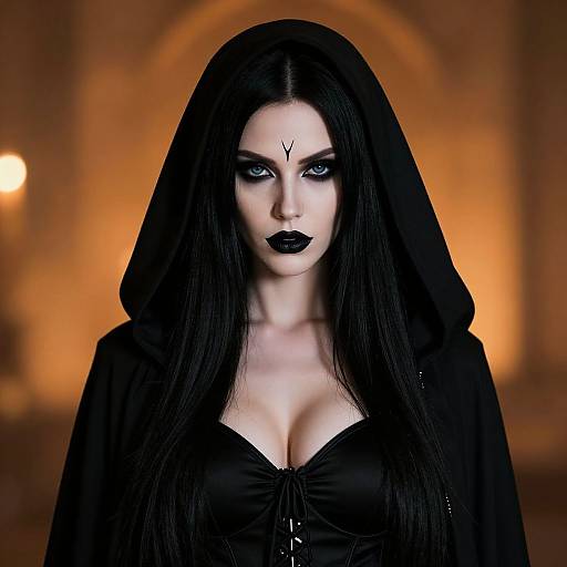 Photograph of a pale, blue-eyed woman with long black hair, black lipstick, and a black hooded dress, glowing in an orange-lit