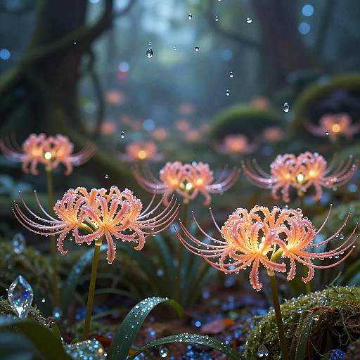 Photograph of glowing, orange, spider-like flowers with dewdrops, set in a misty, dark forest, illuminated by soft, ethereal light