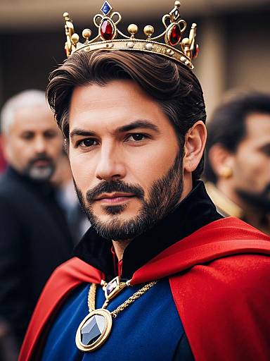 Man in Royal Prince Costume with Crown and Red Cape