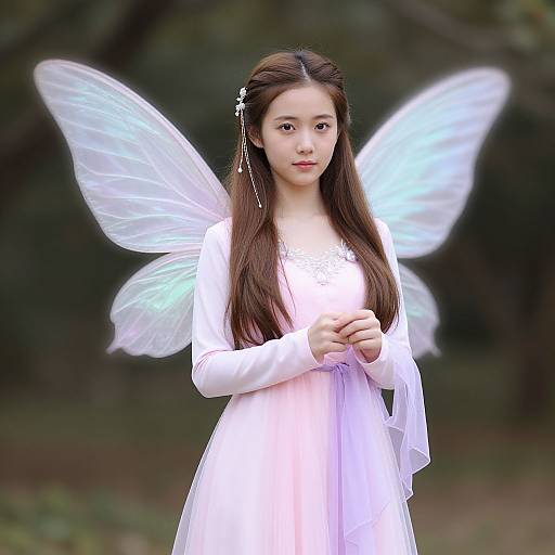 Photograph of an East Asian woman with long brown hair, wearing a white dress and translucent, glowing butterfly wings, standing in a forest. Ethereal
