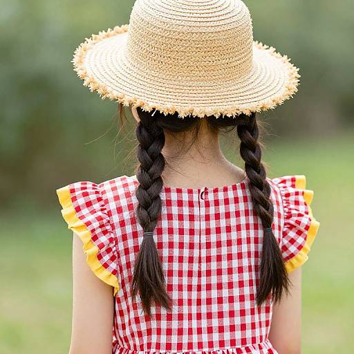 Photograph of a young girl with braided hair, wearing a straw hat, red and white checkered dress with yellow ruffles, standing in a