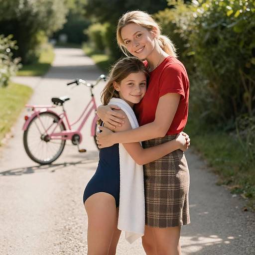 Woman Hugging Girl on Sunlit Path